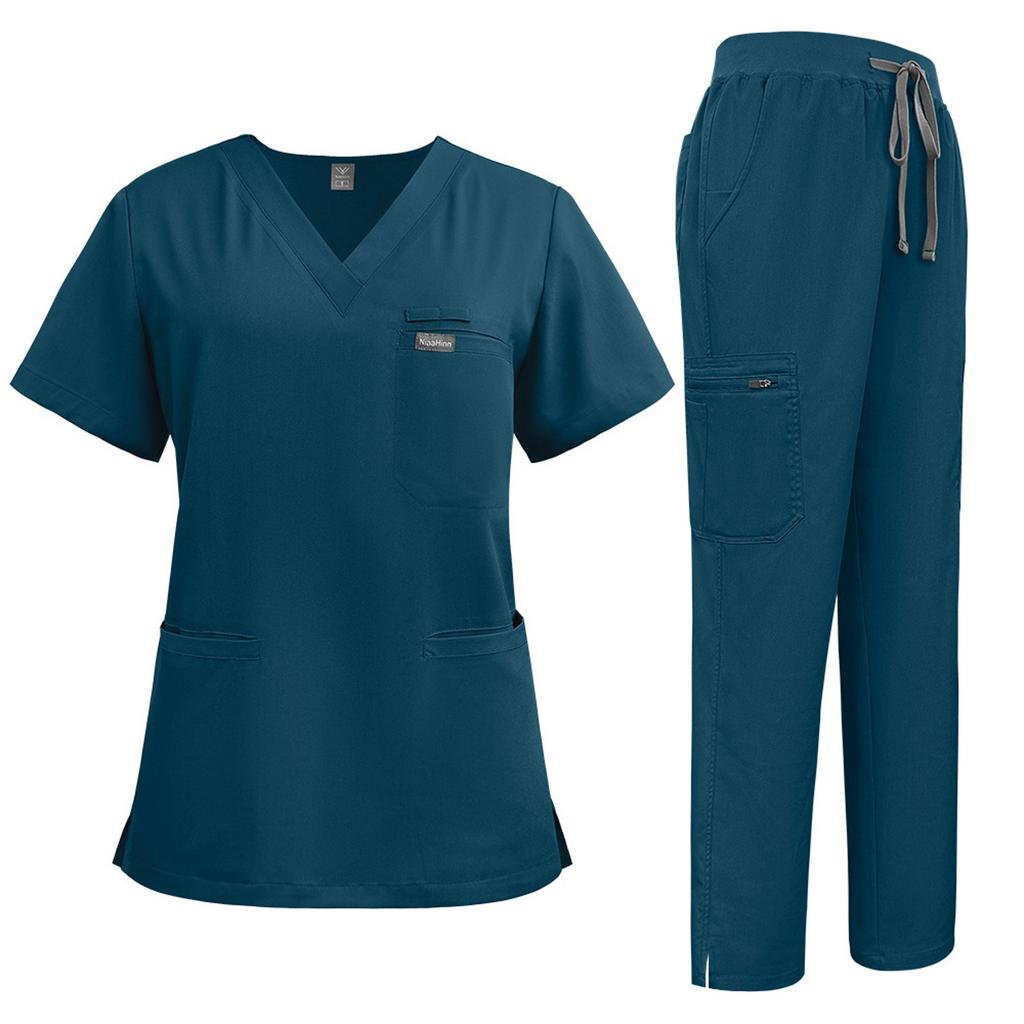 Women's Short Sleeved Solid Color V Neck Pocket Top Pants Work Clothes Two Piece Set