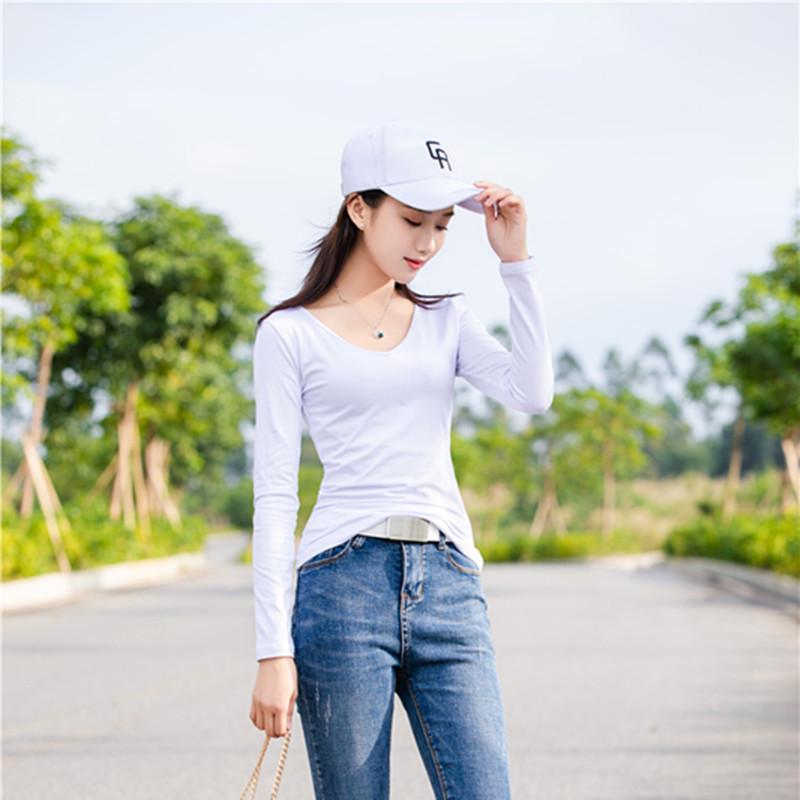 

2025 Корейская женская хлопковая тонкая футболка с V-образным вырезом и длинными рукавами - Белая S