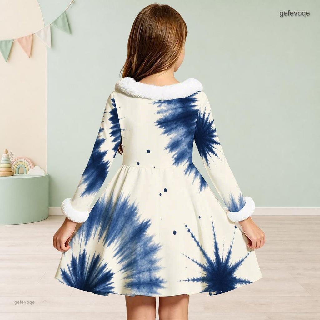 Little Girls Furry Collar Long Sleeve Printed A Line Flared Dress