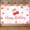 Happy Birthday Banner Sweet Pink Bowknot Cherry Pattern Birthday Party Decoration Backdrop Fruit Theme Photo Background Shoot