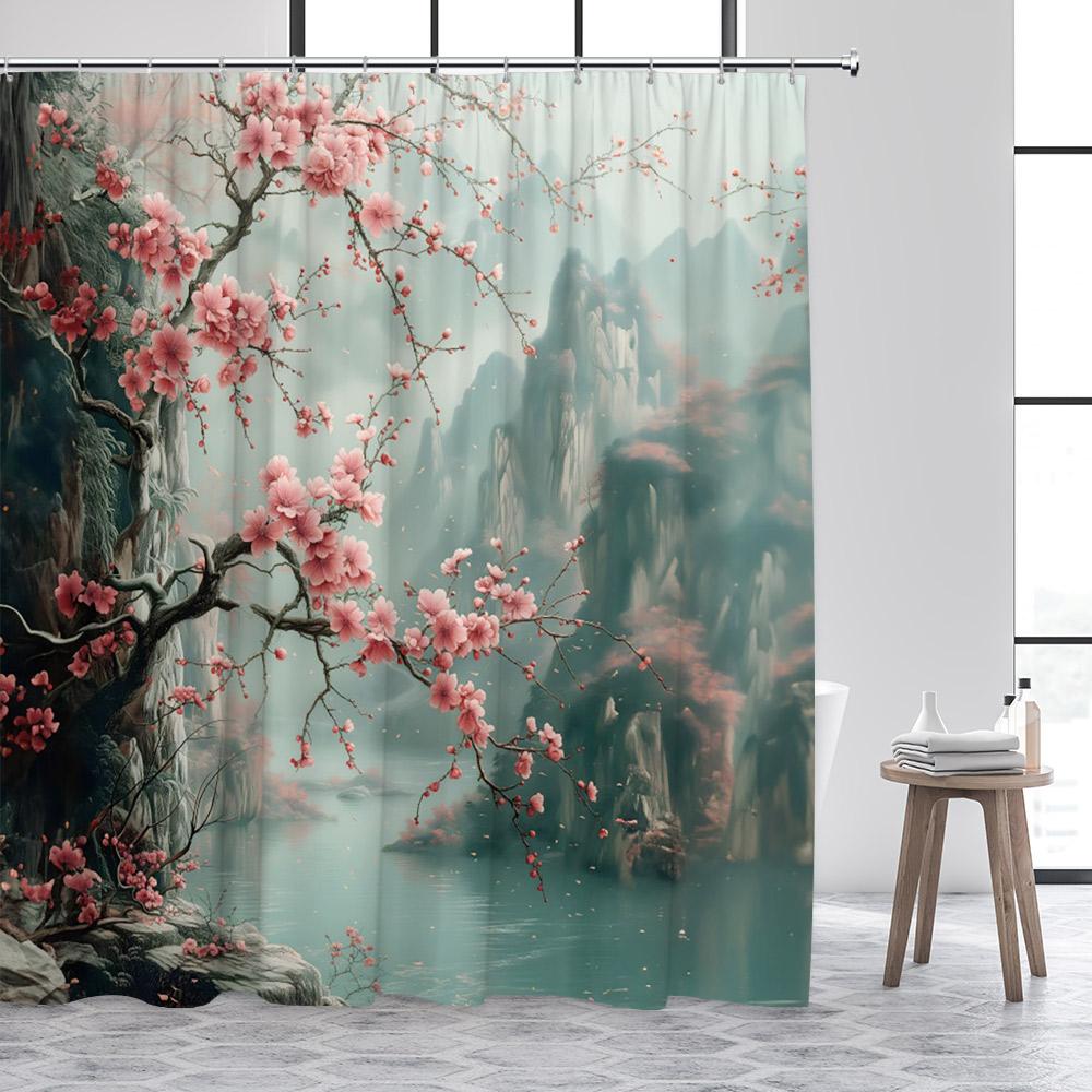Japanese Landscape Shower Curtains Abstract Mountain Pink Cherry Blossom Floral Bird Pavilion Asian Art Bathroom Curtain Decor