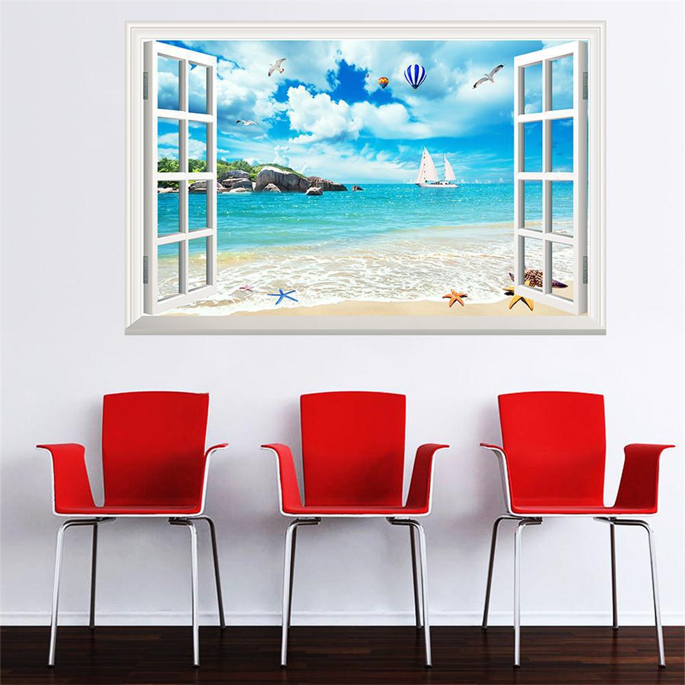 57*90cm 3D Plážový Racek Horkovzdušný Balón Falešné Okno Nástěnná Malba Obývací Pokoj Ložnice Odnímatelná Nástěnná Samolepka Hoom Dekor