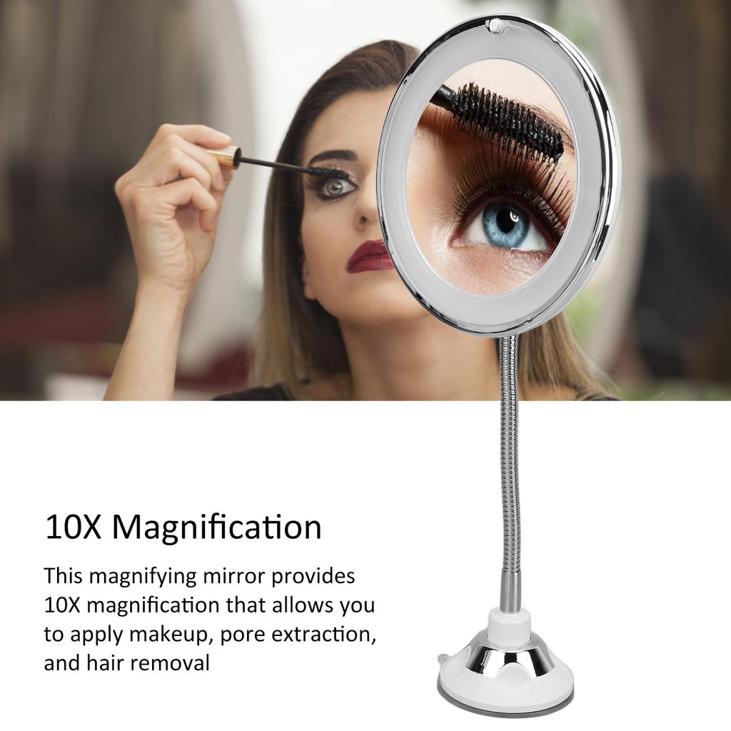 Magnifying Mirror 10X Magnification LED Fill Light Suction Cup Adjustable Gooseneck Makeup Mirror for Home Office