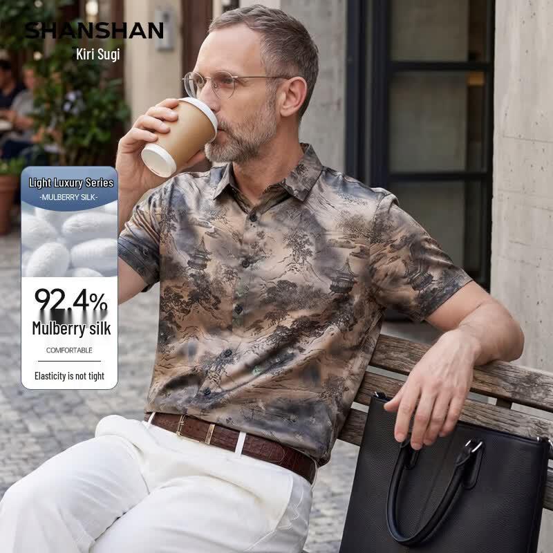SHANSHAN Men s Silk Blend Landscape Print Short Sleeve Shirt S