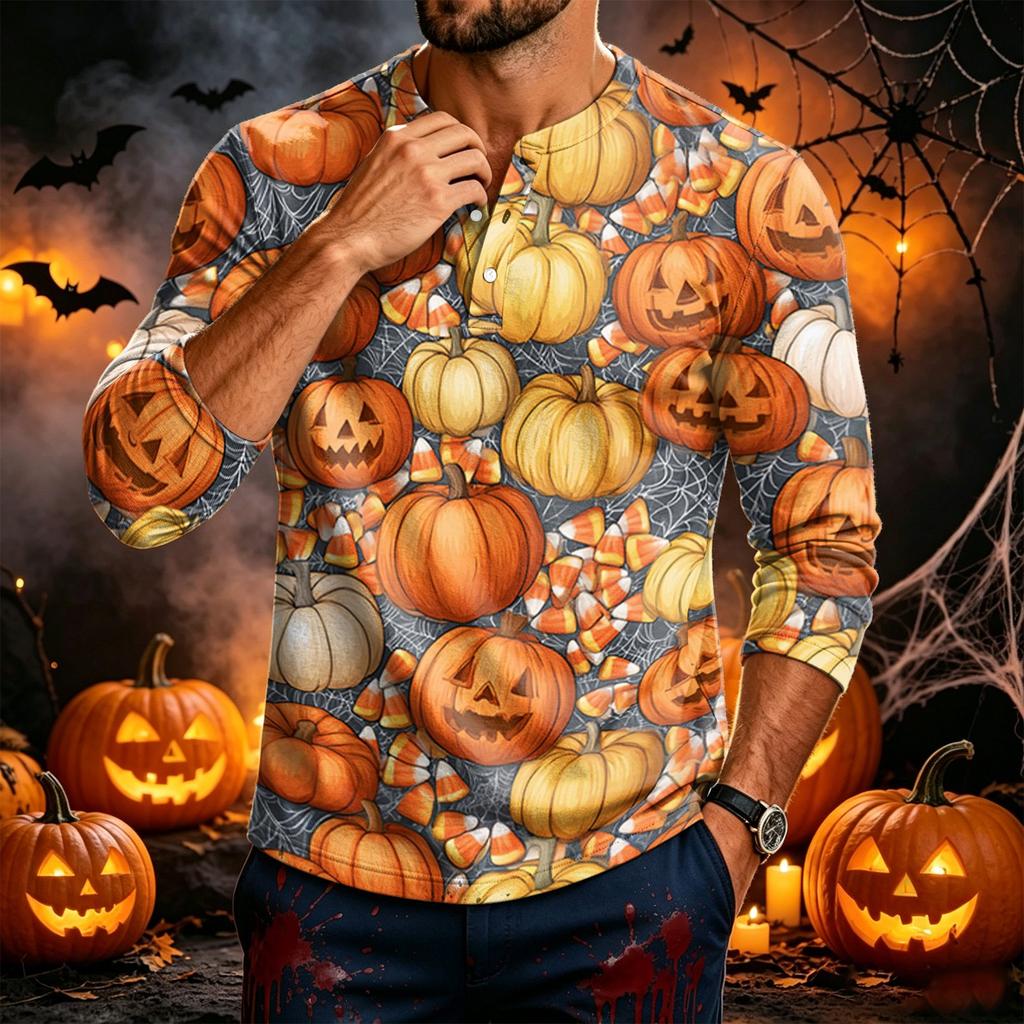 Men's Long Sleeve Shirt with Halloween Print for Festive Parties