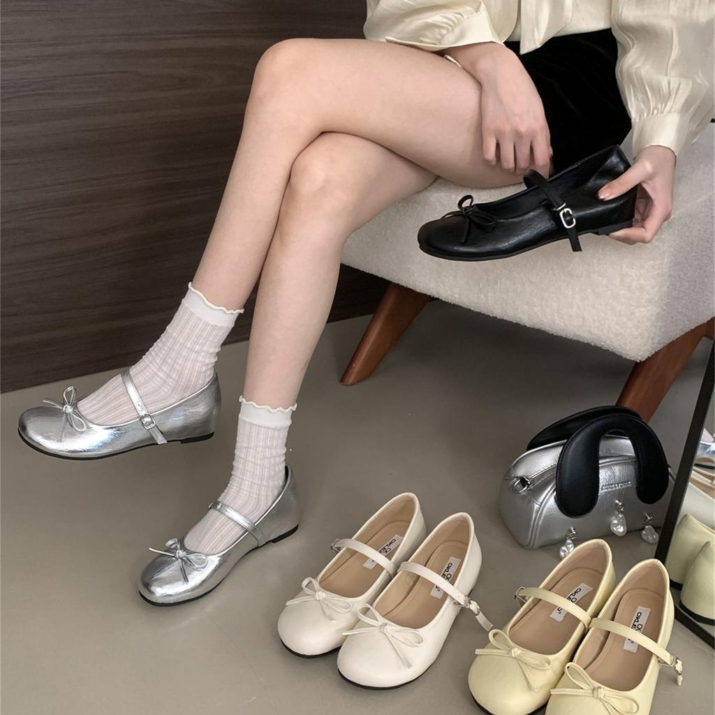 Silver Bow Word Belt Mary Jane Single Shoes Women's Shoes Spring and Autumn 2025 New Fairy Style Ballet Shoes
