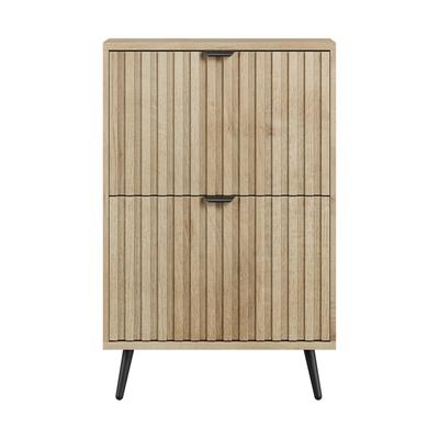 Mid-Century Natural Wood-look Shoe Cabinet 60cm Wide,Grooved Surface 2 Tilt-out Compartments Freestanding Storage for Entryway Foyer