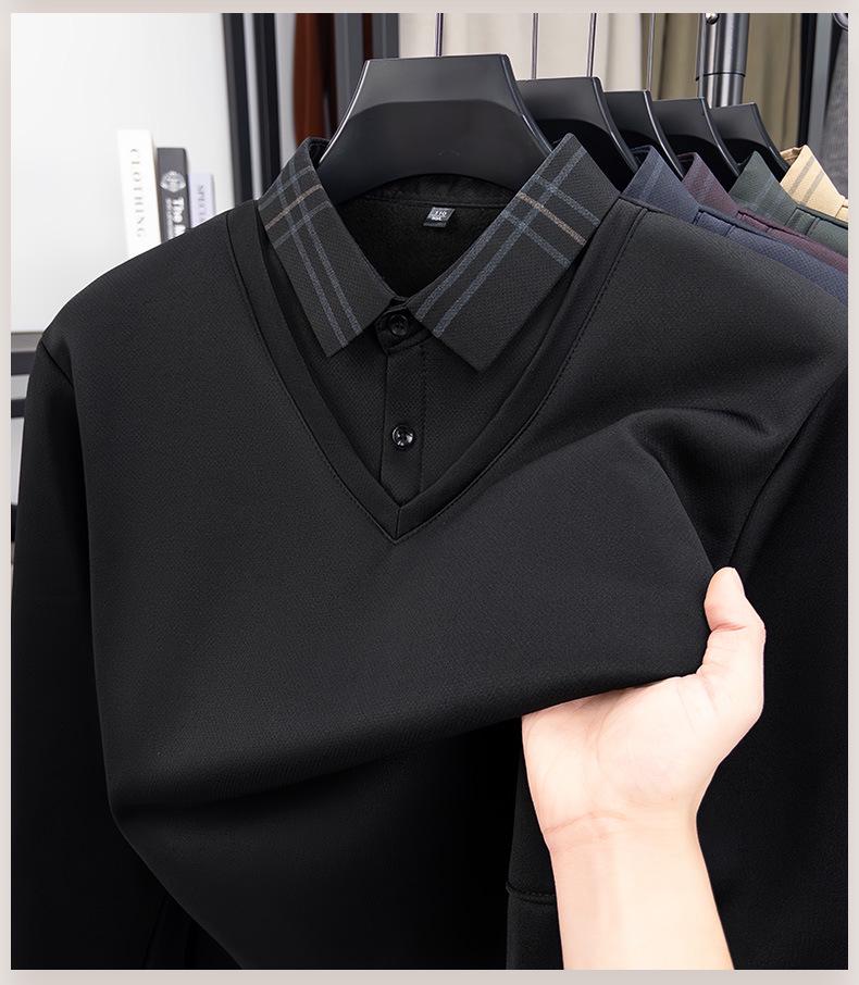 Men's Winter Thickened Velvet Two-Piece Faux Layered POLO Shirt with Warm Lapel - Long Sleeve for Middle-Aged Dad
