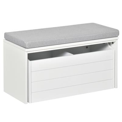 Aufbewahrungsbank mit grauem Kissen - Schuhschrank - Schuhbank mit großer Schublade Doppelabteil - Weißes MDF