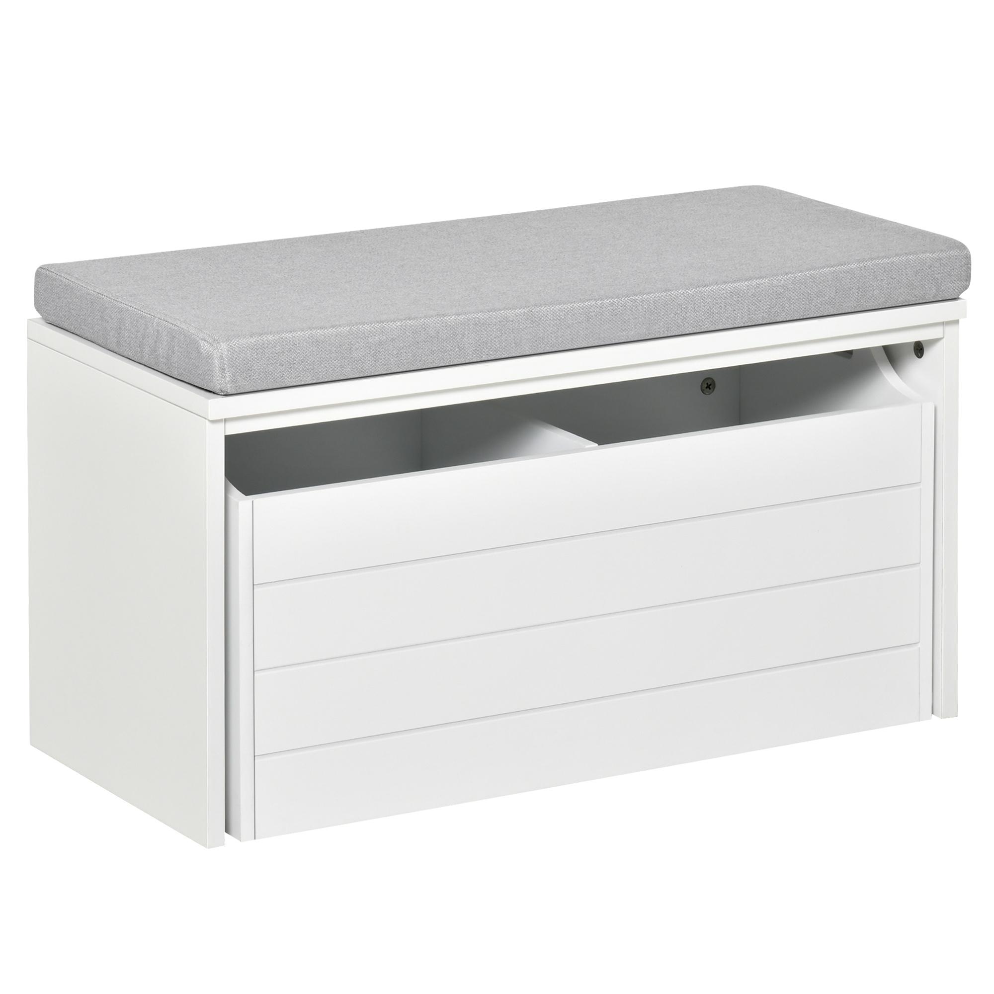 Tárolópad szürke párnával - Cipőtartó szekrény - Cipőpad nagy fiókkal, dupla rekesszel - Fehér MDF 69 x 32 x 40 cm