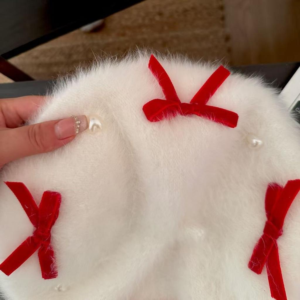 Winter Hats Woman Rabbit Fur Bow Beads Beret Women Sweet Painter Cap French Berets Woman Red Black White Flat Cap
