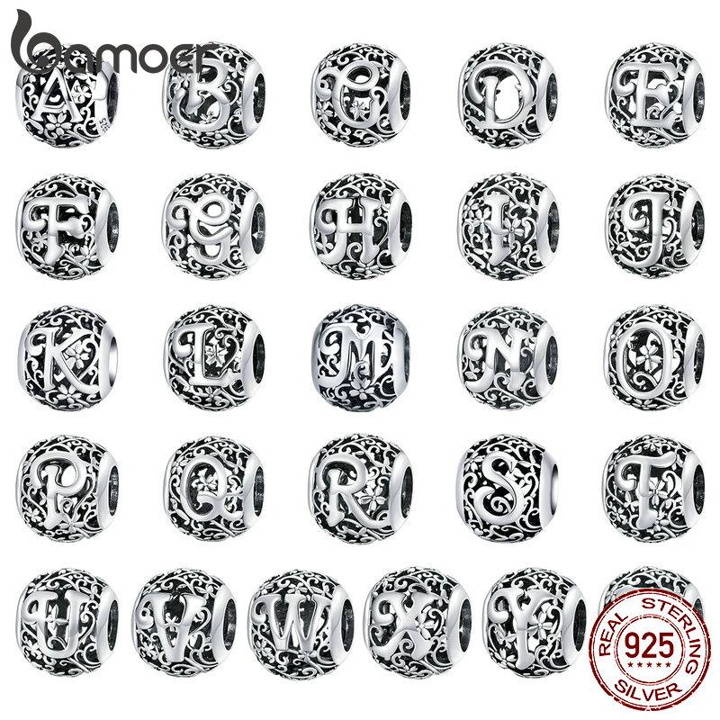 BAMOER 925 Silver Retro Letter Charms Hollowed Alphabet A-Z Round Beads for Women Bracelet DIY Jewelry Making