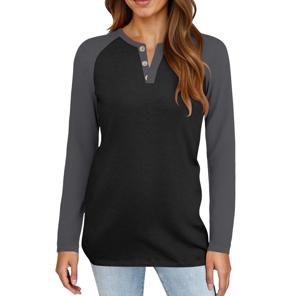 Women's T Shirt Color Block Button Long Sleeve Daily Weekend Fashion Basic V- Neck Regular Top