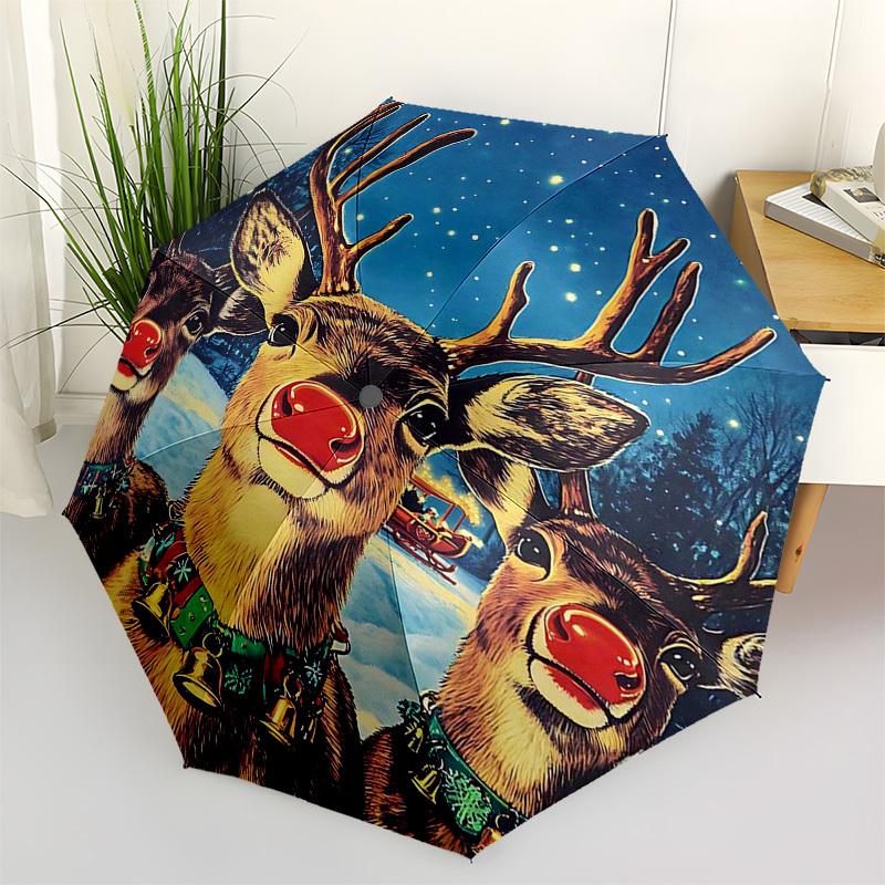 1 Stück Weihnachts-Rentier-Familienporträt Automatischer Faltregenschirm, Tragbares 3-fach Design mit 8-Speichen-Eisenrahmen, Outdoor für Fans, Reisende, Jeden Tag