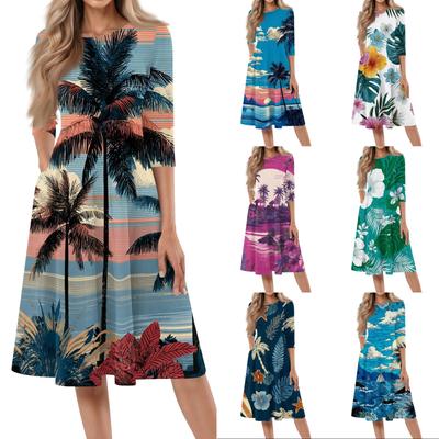 Damen Freizeitkleid Mittellang Rundhalsausschnitt Kurze Ärmel Hawaiianischer Print Lockere Passform Sommerkleid für den täglichen Gebrauch