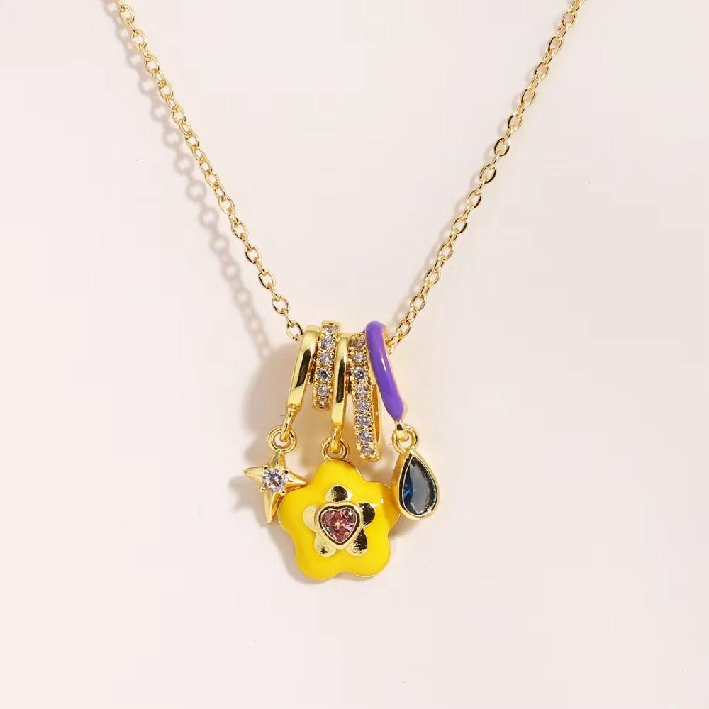 Stainless Steel Ice Cream Necklace Colorful Enamel Pendant Flower Zircon Necklace  Jewelry Gift