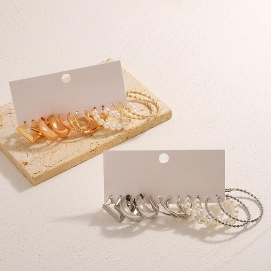 Yousheng 6 Pairs Women Hoop Earrings Simple Geometric C-shaped Twisted Faux Pearl Assorted Earrings Fashion Accessories Gift