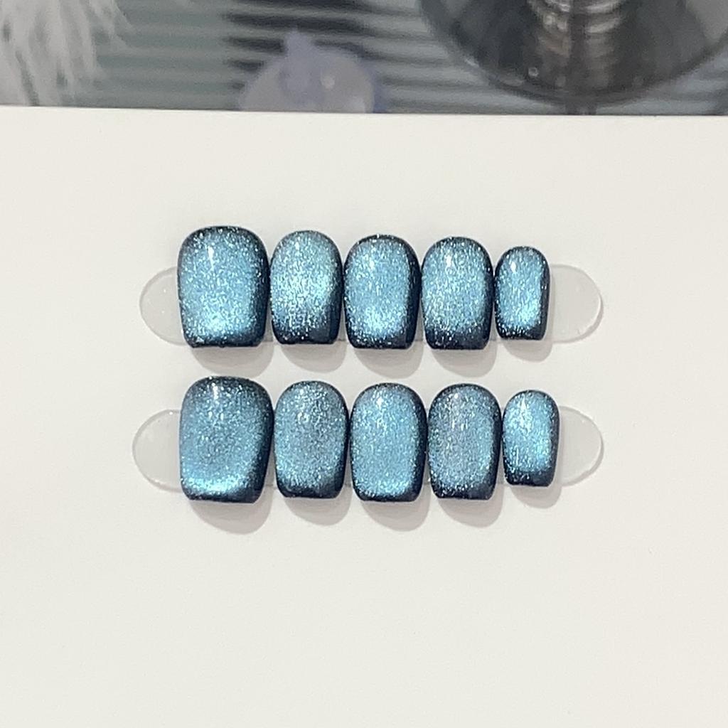 Handmade Cat Eye Nail Art Pure Black Base Smurf Cat Eye Sea Salt Ice