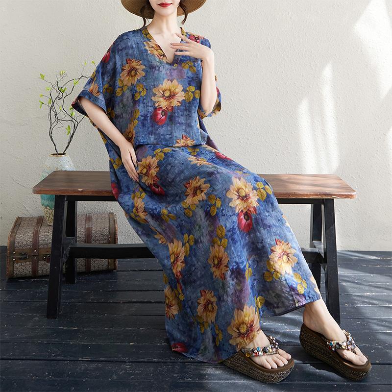 DIMANAF 2025 Summer Plus Size New Dress Beach Basic Loose Women Casual Flower Printing V-Neck Long Vintage Dress Maxi