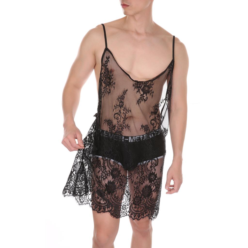 Men's Slip Dress Sexy Sling Nightdress Ladyboy Transparent Perspective Strapless Pajamas Bathrobe Erotic Clothes