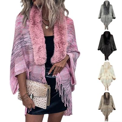 Damen Retro Mode Warm Gestreift Quaste Cape Kragen Gestrickter Schal
