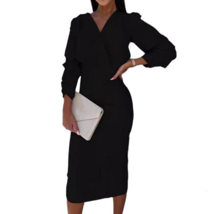 Abiti Casual da Donna - Autunno Primavera Abito Formale da Ufficio da Donna Scollo a V Maniche a Bolle Business Slim Fit Vita Alta Monocolore Abbigliamento da Pendolari OL
