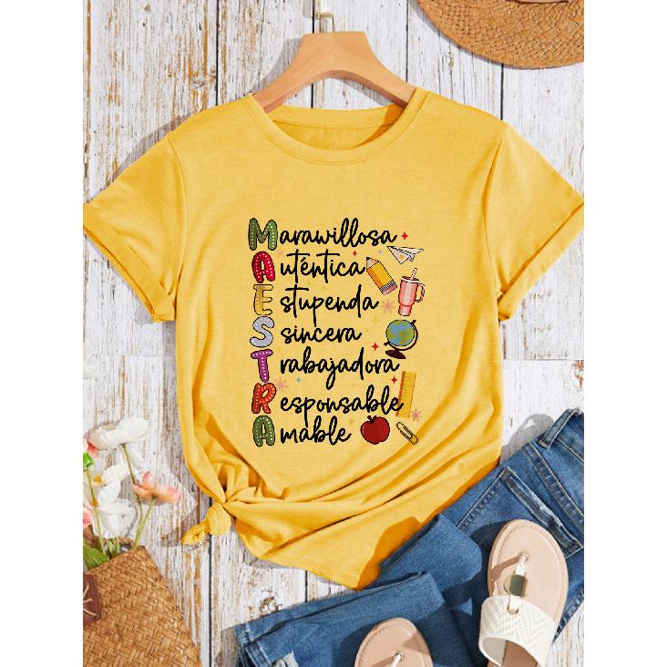 Minimalist and Unique Summer Women's Fashion New Arrivals Maestra Teacher's fun word print top, round neck, everyday casual fashion, vintage
