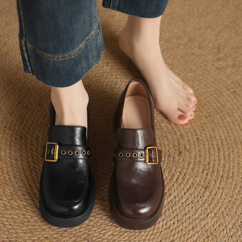 Krazing Pot Cow Skin Autumn Winter Shoes Chunky Heels Size 43 Size 42 Round Toe Slip on Metal Buckle Deep Mouth Pumps