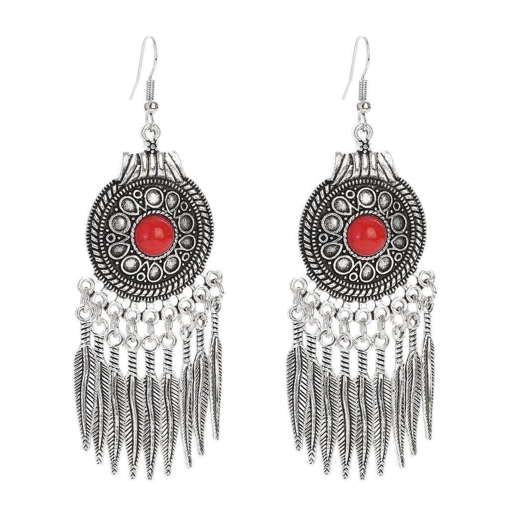 Vintage Ethnic Natural Stone Indian Earrings Jhumka Female Antique Silver Plated Geometric Carved Earrings Party Tassel Jewelry