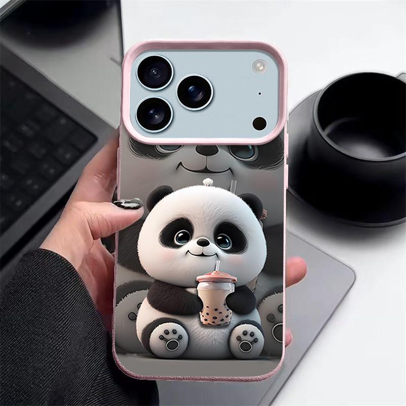 

Чехол для iPhone 17 Pro Max с рисунком панды, пьющей молочный чай, текстура кожи, мягкий силиконовый чехол для Funda iPhone 16 Pro Max 15 14 13 12 11 Air 16E iPhone 14 Pro MAX розовый