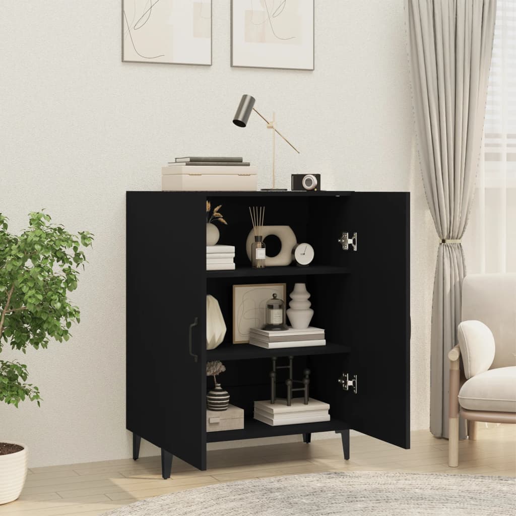 Doppeltüriger Seitenschrank, Mehrzügiger Stauraum, Schwarz 70x34x90 Cm Ingenieurholz