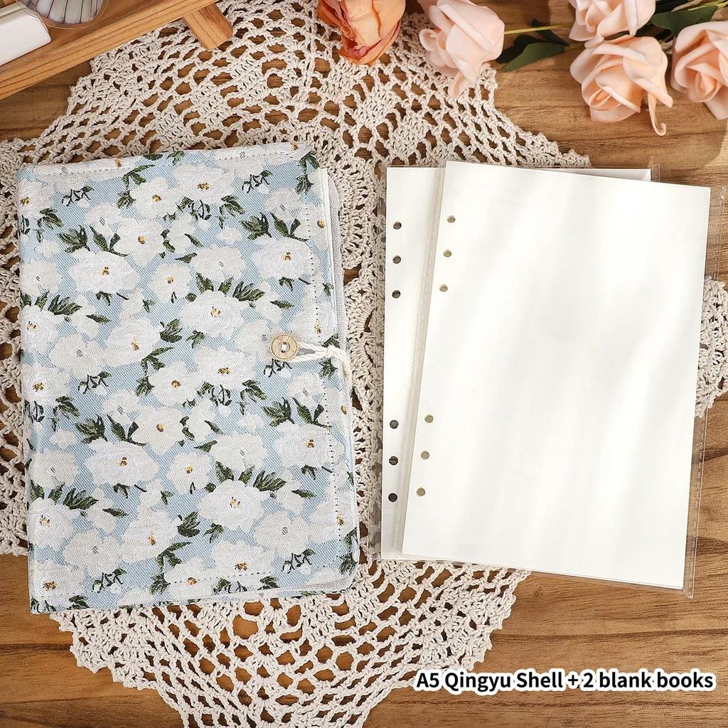 JIANWU A5 Literary Embroidered Fabric Button Loose-leaf Notebook Flower Butterfly Cover Creative DIY Student Supplies Stationery