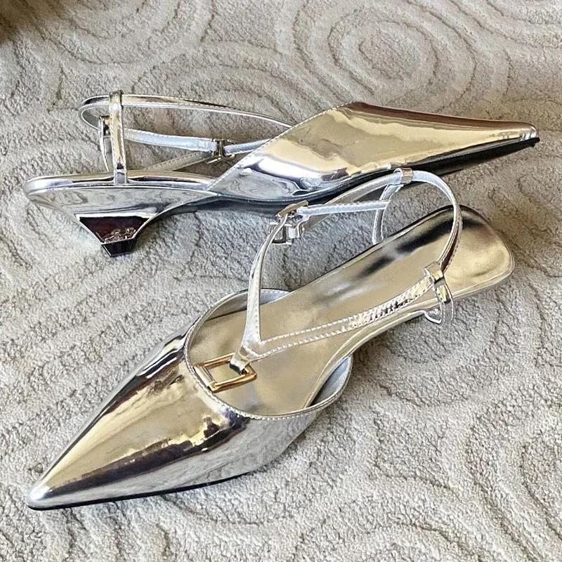 Fashion Elegant Ankle Strap Buckle Low Heel Mules Sandals Women Sexy Pointed Toe Patent Leather Women Pumps Summer Slingback High Heels