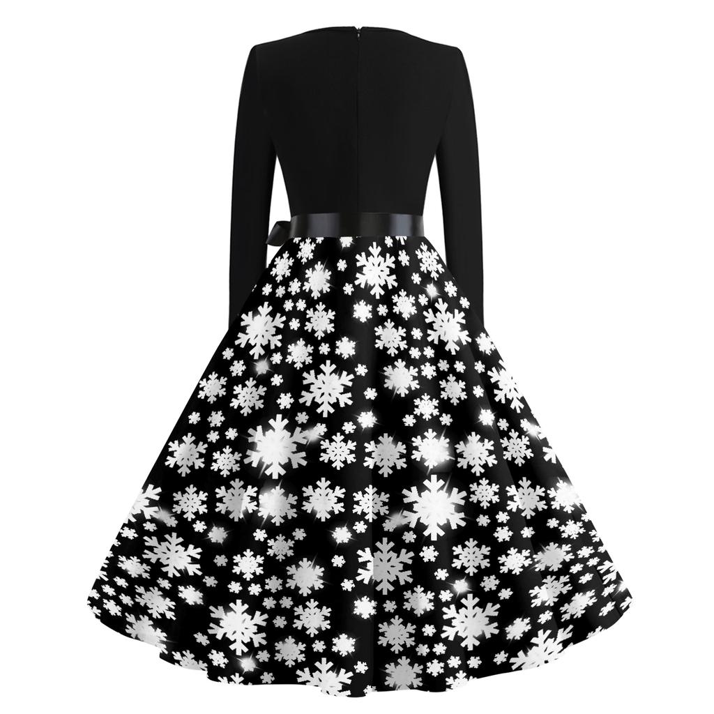 Women's Casual Fashion Long Sleeve Christmas Graphic Printed Vintage Long Dresses