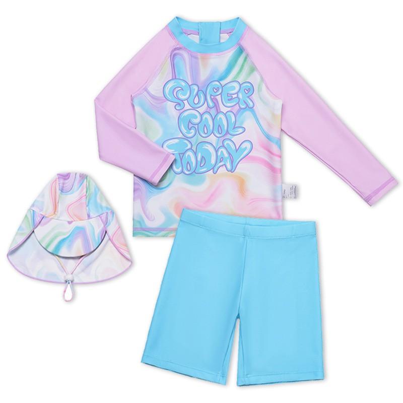Girls UV Protection Swimsuit Set Long Sleeve Rash Guard Briefs Cap 3-Piece Swimwear Toddlers To Preteens