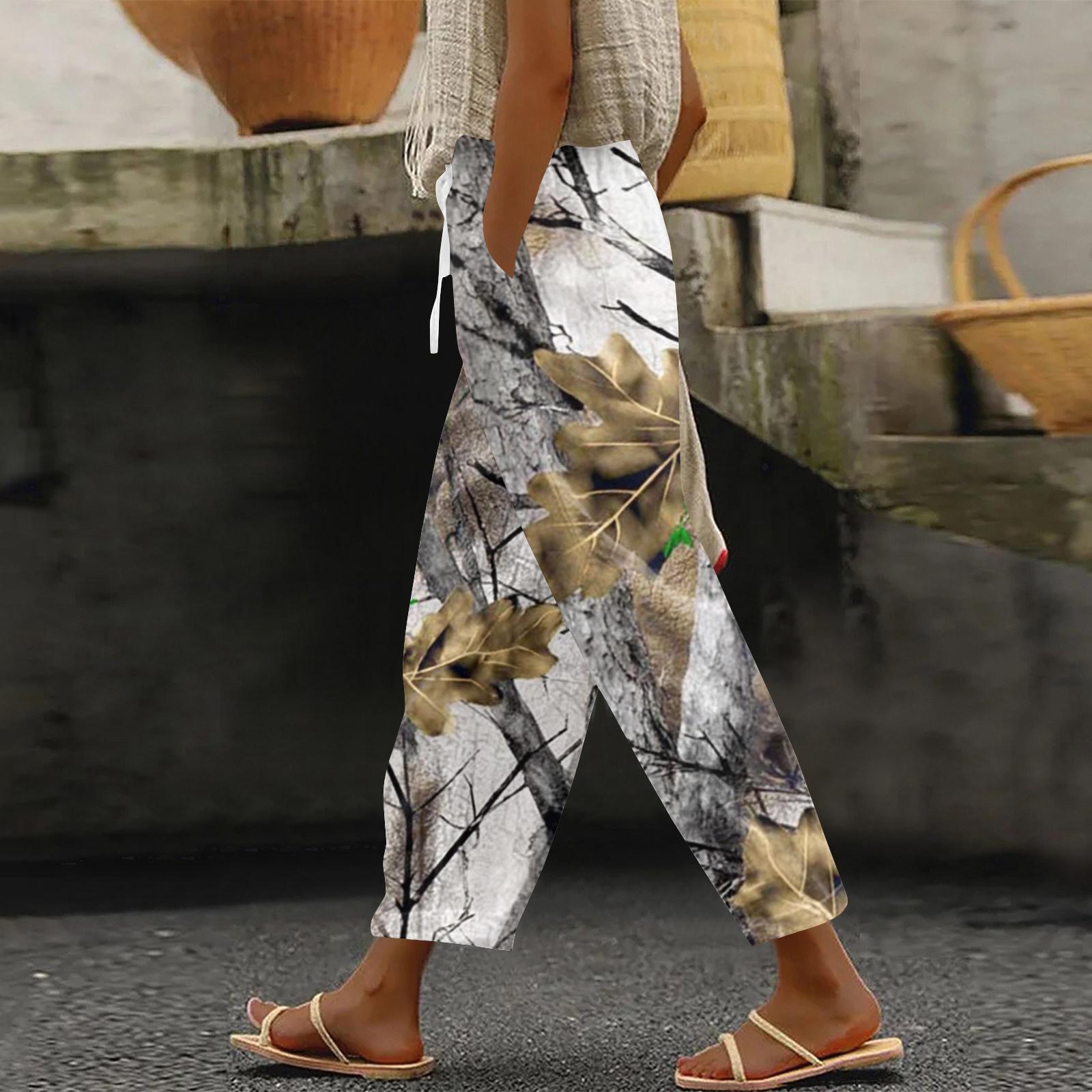 

Women s fashion printed drawstring pocket elastic waist casual pants L бронзовый