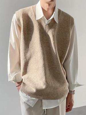 Men's Knit V-Neck Sweater Vest - Korean Style, Sleeveless, Loose Fit for Spring, Autumn, and Winter