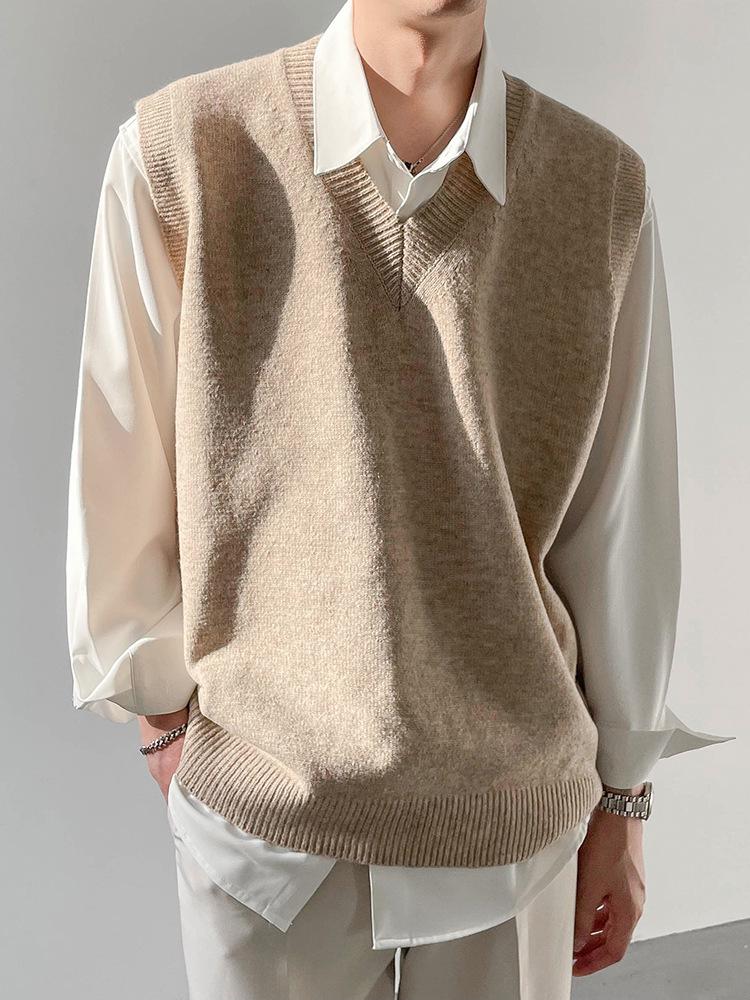 Men's Knit V-Neck Sweater Vest - Korean Style, Sleeveless, Loose Fit for Spring, Autumn, and Winter