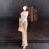 Women's Khaki High-Waisted Stretch Slimming Flared Jeans - Light Color Horseshoe Leg, Versatile Wide-Leg Pants