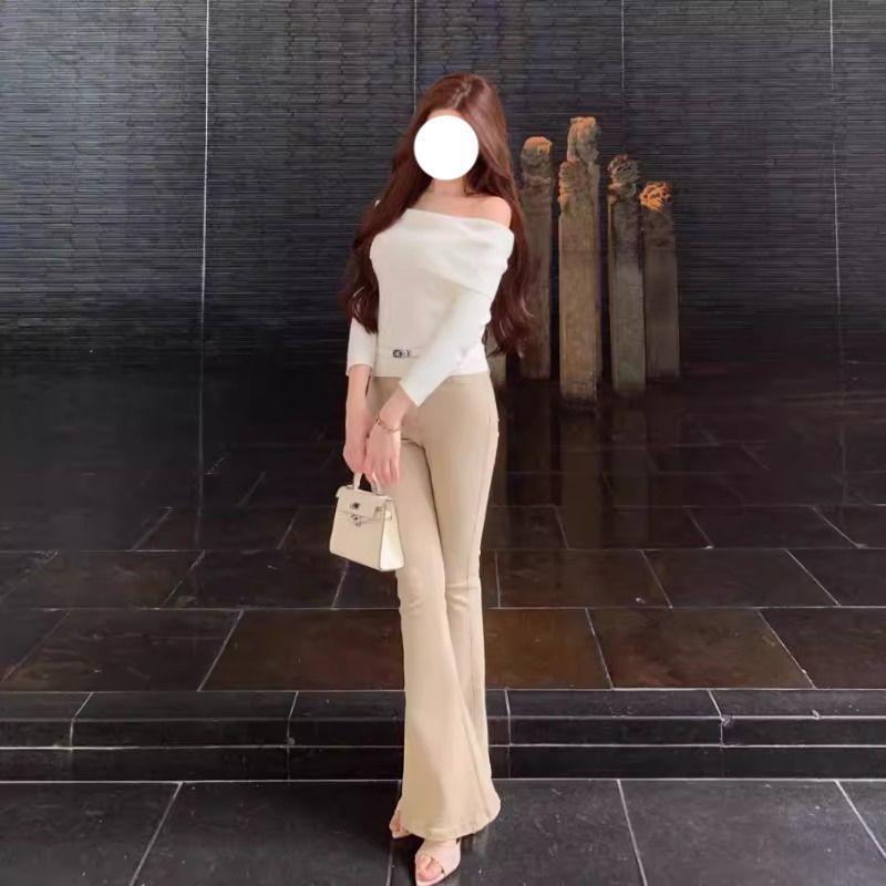 Women's Khaki High-Waisted Stretch Slimming Flared Jeans - Light Color Horseshoe Leg, Versatile Wide-Leg Pants
