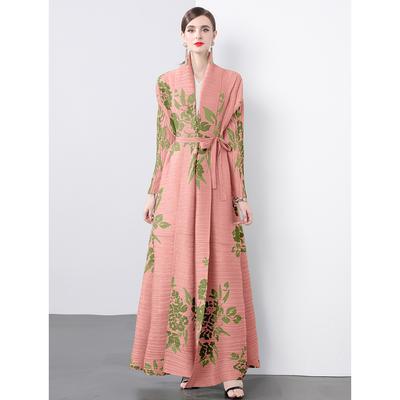 Frühling Herbst Frauen Drucken Lange Maxi Elastische Schnürung Mantel