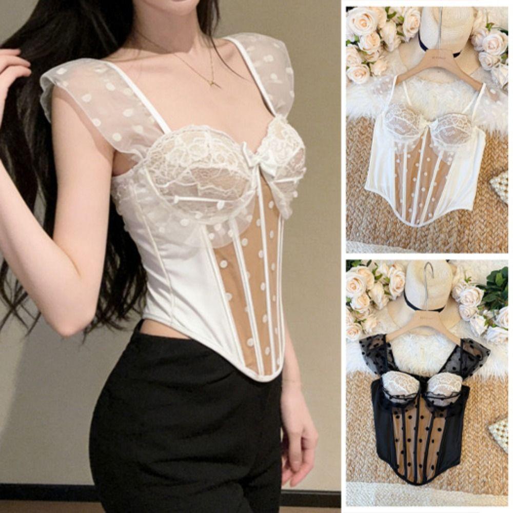Slim fit Lace Corset Dots Suspender Vest Elastic Crop Tops Ladies