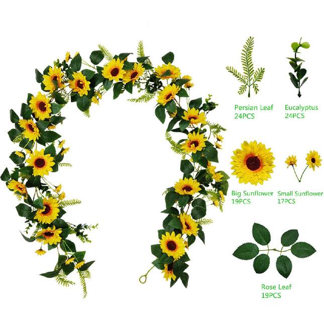 Artificial Sunflower Garland Eucalyptus Vine Artificial Rose Flowers Wreath with Green Leaves for Wedding Party Table Christmas Decoration
