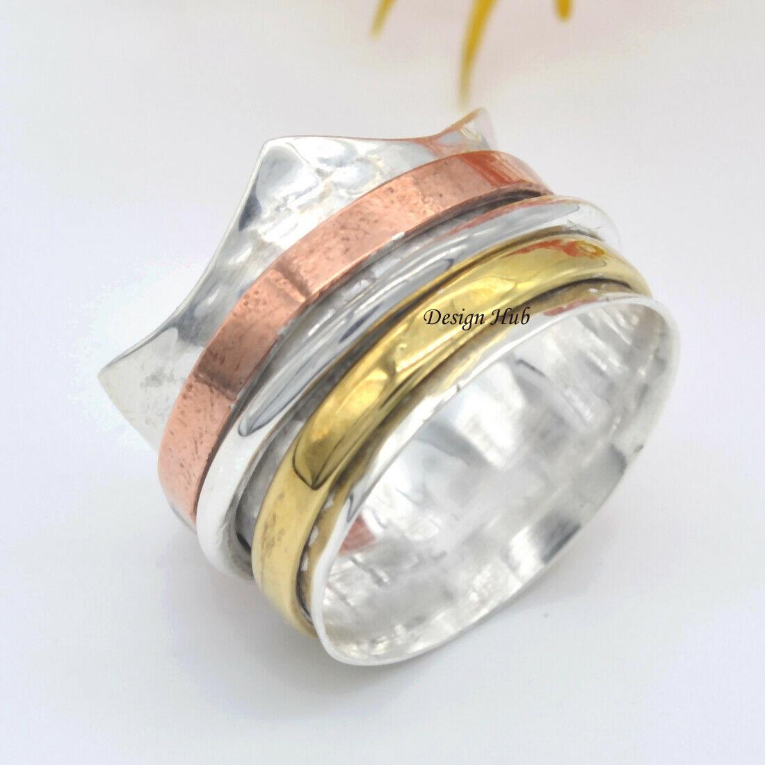 

Кольцо Spinner, трехцветное кольцо, кольцо ручной работы, серебряные украшения, кольцо унисекс, дизайнерское кольцо, богемное кольцо, эффектное кольцо, кольцо для медитации 12