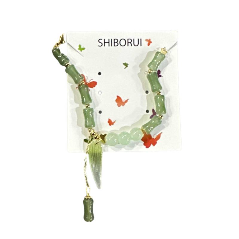 Chinese Style Retro Green Bamboo Joint Beaded Bracelet For Women's Fashion Simple Charm Alloy Leaf Bracelet Jewelry Gift