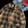 Chemise Homme Printemps Automne Col Rabattu Imprimé Carreaux Ample Boutonnée Rétro Américaine