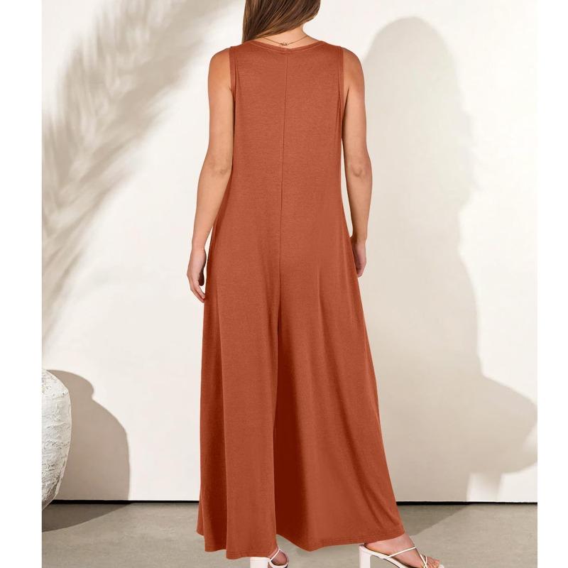 Women's Fashion Casual Summer Spring Solid Color Print Sleeveless V-Neck Loose Waistline Trousers Jumpsuits & Rompers