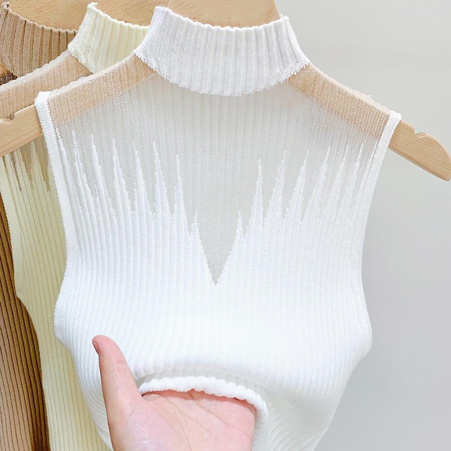 

Semi-turtleneck mesh sexy hollow vest women s bottom knitted sweater, spring and autumn new sleeveless top One size fits all