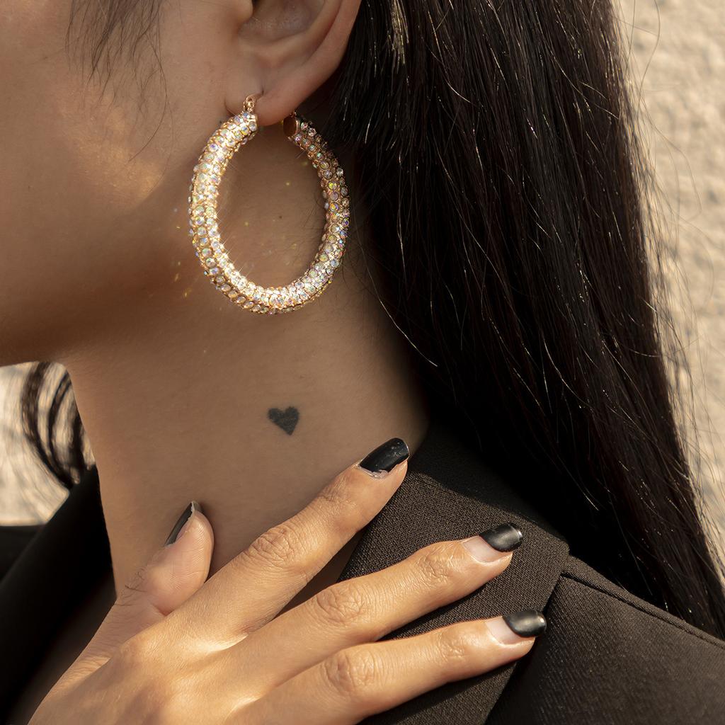 Fashion Light Luxury C-Shaped Full Diamond Set Earrings, Temperament Versatile With Colored Diamond Geometric Studs