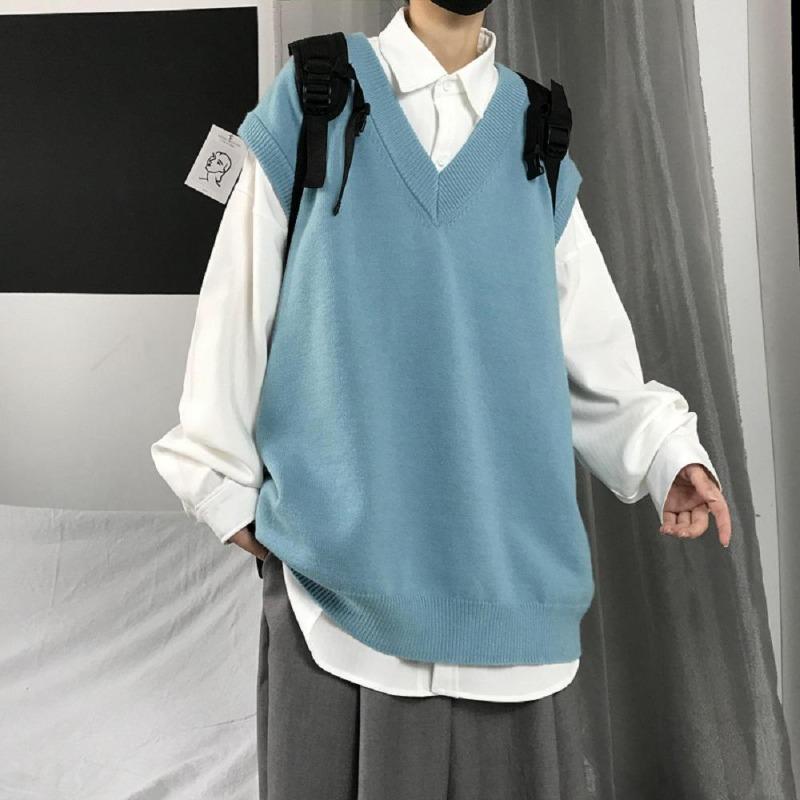 New Fashionable Thick V-neck Sleeveless Vest Sleeveless Sweater Cotton School Uniform Cotton Loose Knitted Vest Sweater For Men